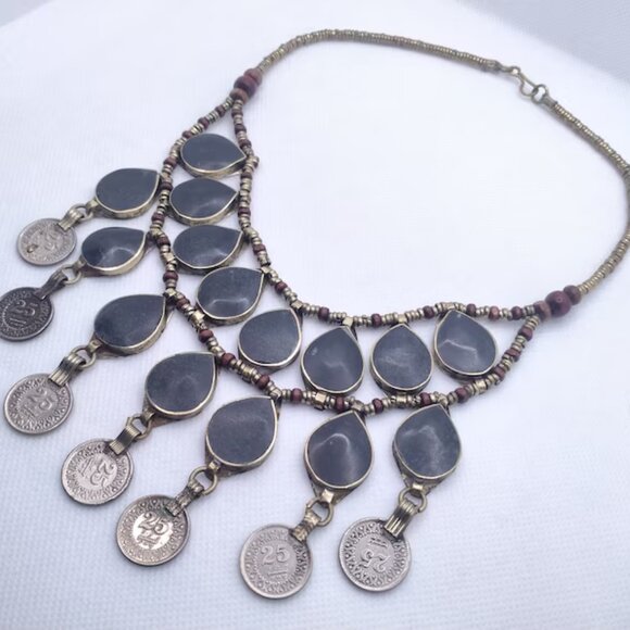 Vintage Dangle Coins and Stones Necklace, Ethnic Necklace, Tribal Bib Necklace - Picture 9 of 10